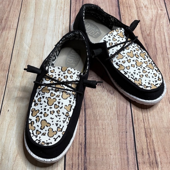 Custom Hey Dude Wendy Shoes Animal Print Mouse Black W/White & Tan Womans Size 9 - Picture 1 of 13